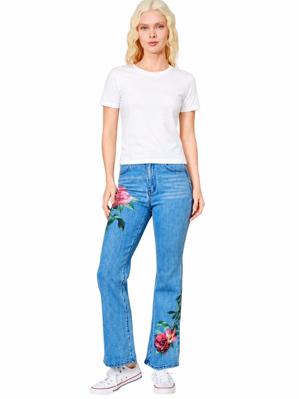 NEW blue b Hot Pink & Red Floral Flower Rose Print Medium Wash Flare Denim Jeans